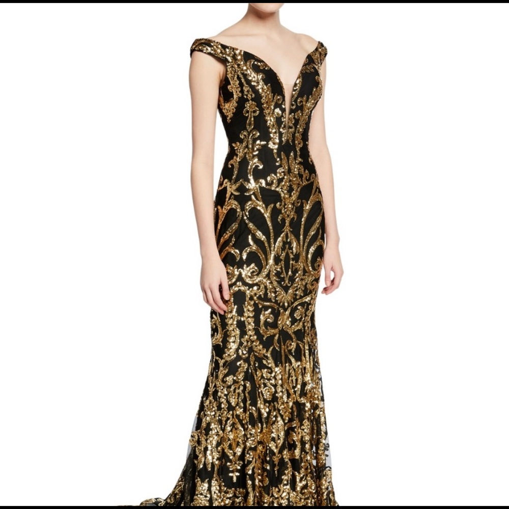 Jovani off the shoulder sequin dress black gold 4